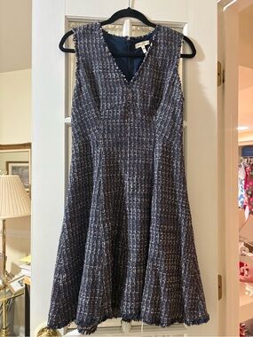 Rebecca Taylor Navy Tweed V-Neck Fit-and-Flare Dress